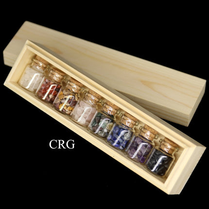 SET OF 4 - Gemstone Chip Bottle Set in Wood Box / 1" AVG