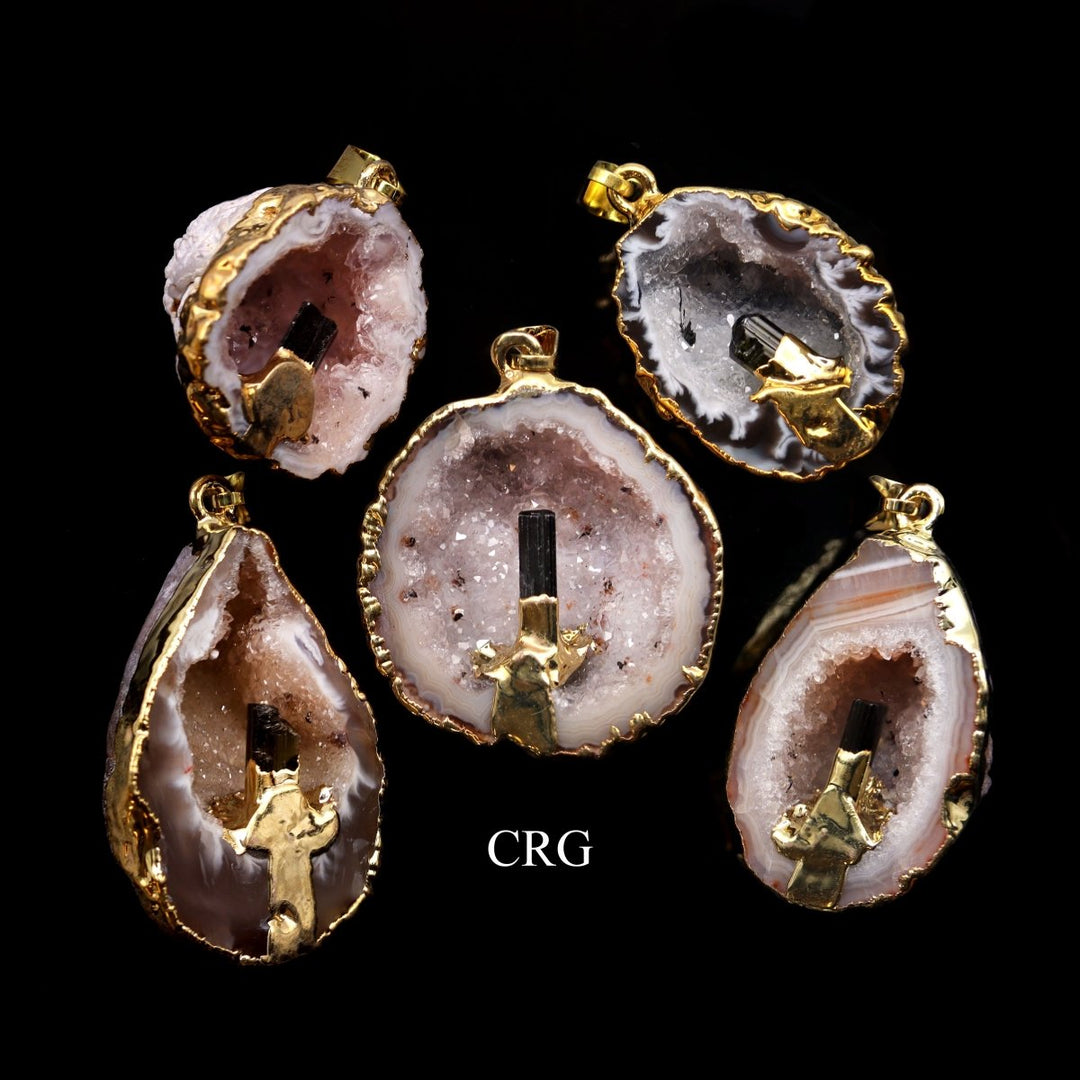 Gold Plated Geode Half Pendant with Black Tourmaline Point - 1"-2" - Set of 4