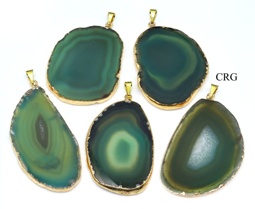 SET OF 4 - Green Agate Slice Pendant with Gold Plating / 1-2" AVG