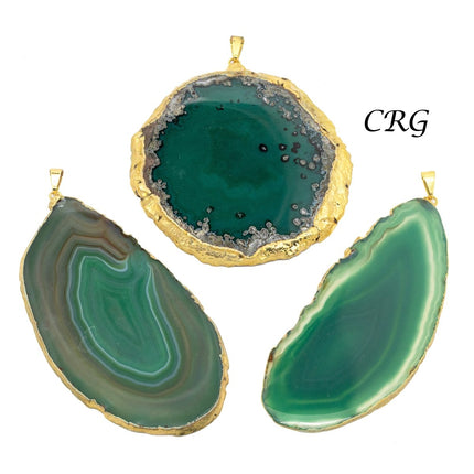 SET OF 4 - Green Agate Slice Pendant with Gold Plating / Size #2