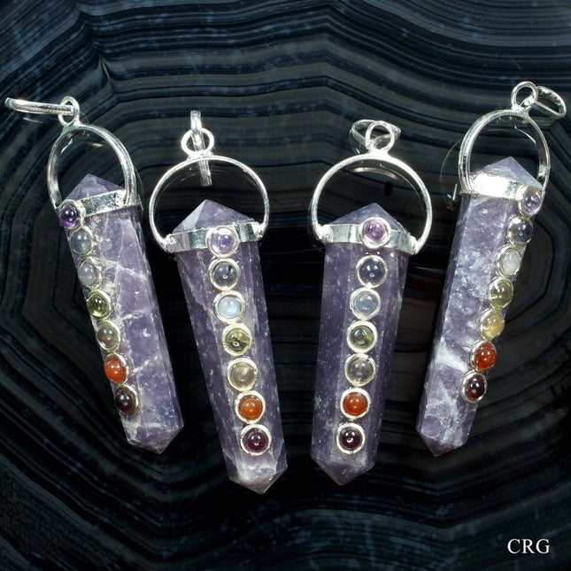 SET OF 4 - Lepidolite Double Terminated Point Pendant w/ 7 Stone Detail / 1.5" Avg - Crystal River Gems