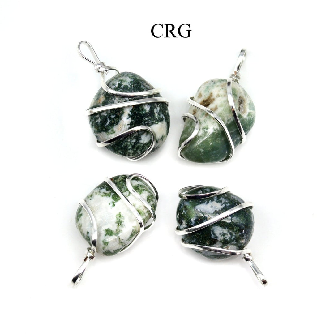 SET OF 4 - Mixed Tumbled Tree & Moss Agate Pendants with Silver Wire / 1" AVGCrystal River Gems