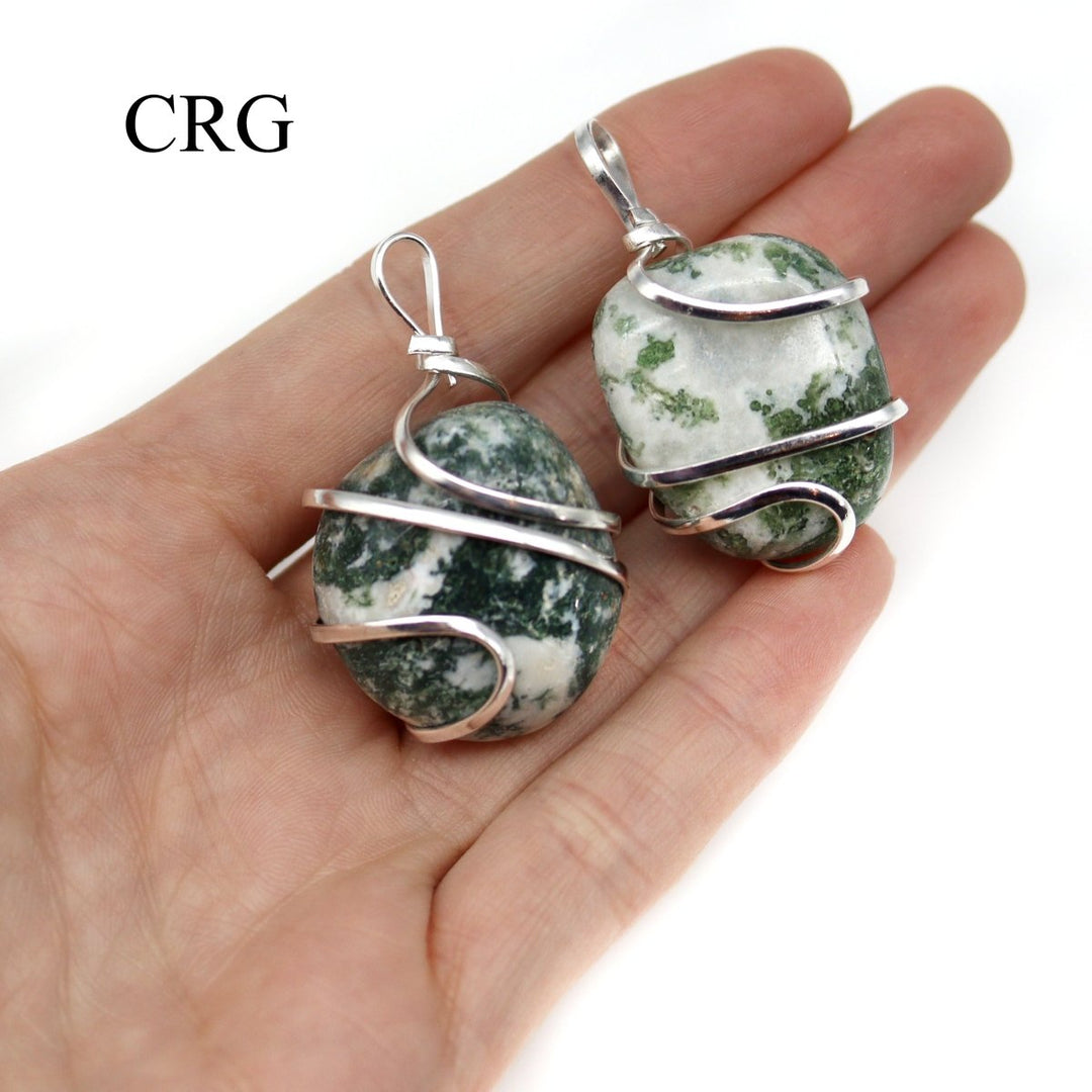 SET OF 4 - Mixed Tumbled Tree & Moss Agate Pendants with Silver Wire / 1" AVGCrystal River Gems