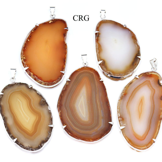 Natural Agate Slice Pendant in Silver Plated Prong Setting - 1"-2" - Set of 4