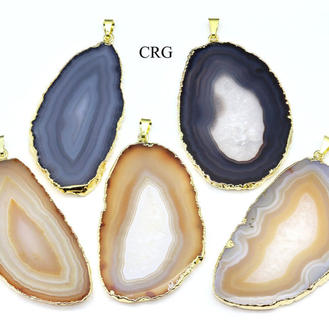 SET OF 4 - Natural Agate Slice Pendant with Gold Plating / 1-2" AVG
