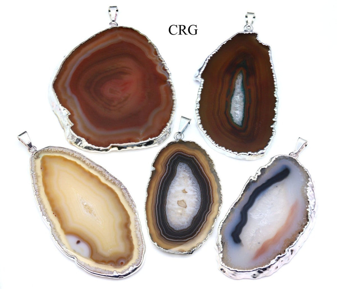 SET OF 4 - Natural Agate Slice Pendant with Silver Plating / 1-2" AVG