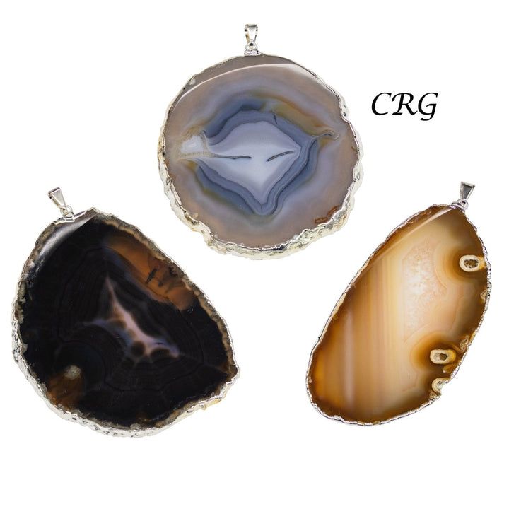 SET OF 4 - Natural Agate Slice Pendant with Silver Plating / Size #2