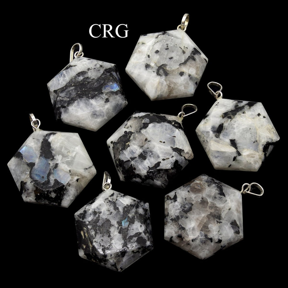 SET OF 4 - Rainbow Moonstone Faceted Hexagon Pendant with Silver Bail / 1" AVG