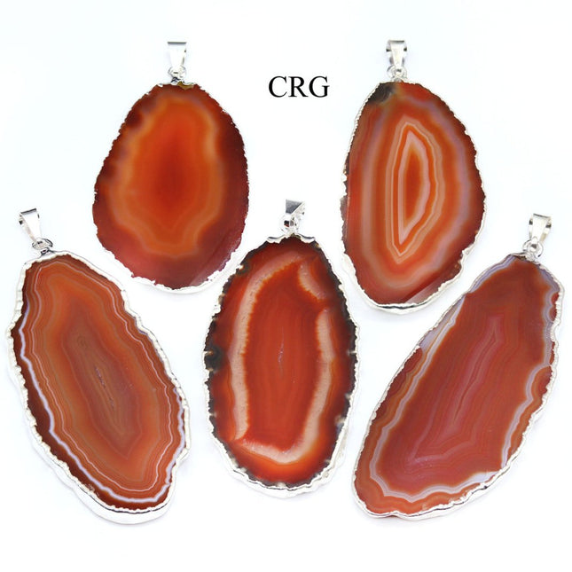SET OF 4 - Red Agate Slice Pendant with Silver Plating / 1-2" AVG