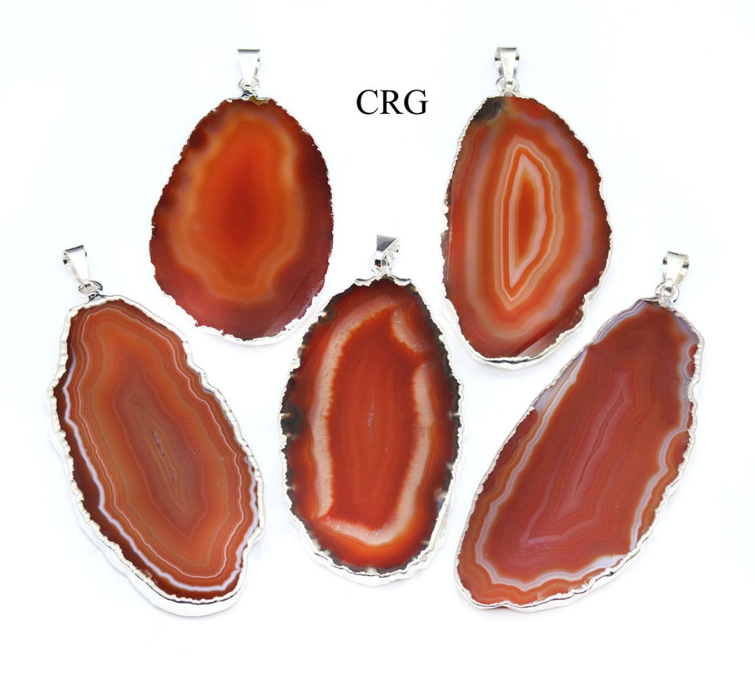 SET OF 4 - Red Agate Slice Pendant with Silver Plating / 1-2" AVG