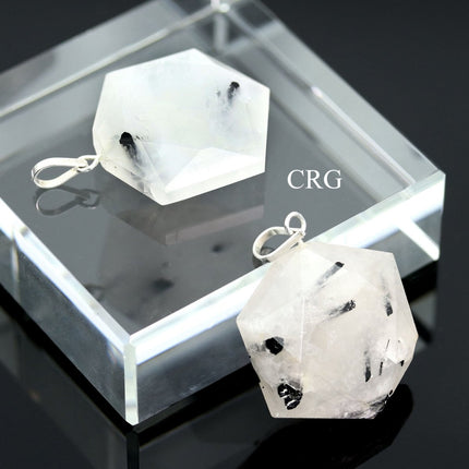 SET OF 4 - Rutilated Quartz Faceted Hexagon Pendant w/ Silver Bail / 1" Avg - Crystal River Gems