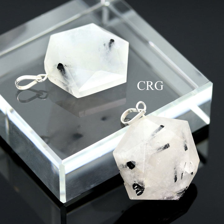 SET OF 4 - Rutilated Quartz Faceted Hexagon Pendant w/ Silver Bail / 1" AvgCrystal River Gems