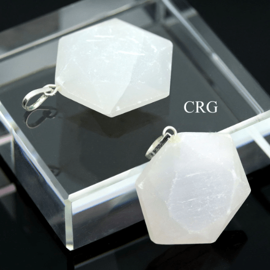 SET OF 4 - Selenite Faceted Hexagon Pendant with Silver Bail / 1" AVGCrystal River Gems