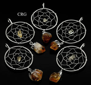SET OF 4 - Silver Plated Dream Catcher Pendant with Citrine Point / 1-2