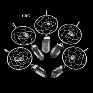 SET OF 4 - Silver Plated Dream Catcher Pendant with Quartz Point / 1-2