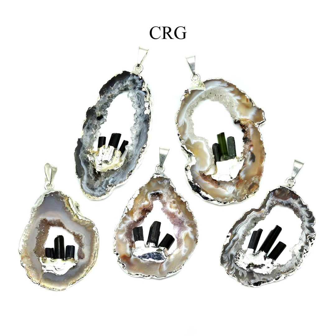Silver Plated Oco Geode Slice Pendants with 3 Black Tourmaline Rods / 1.5-3" - SET OF 4