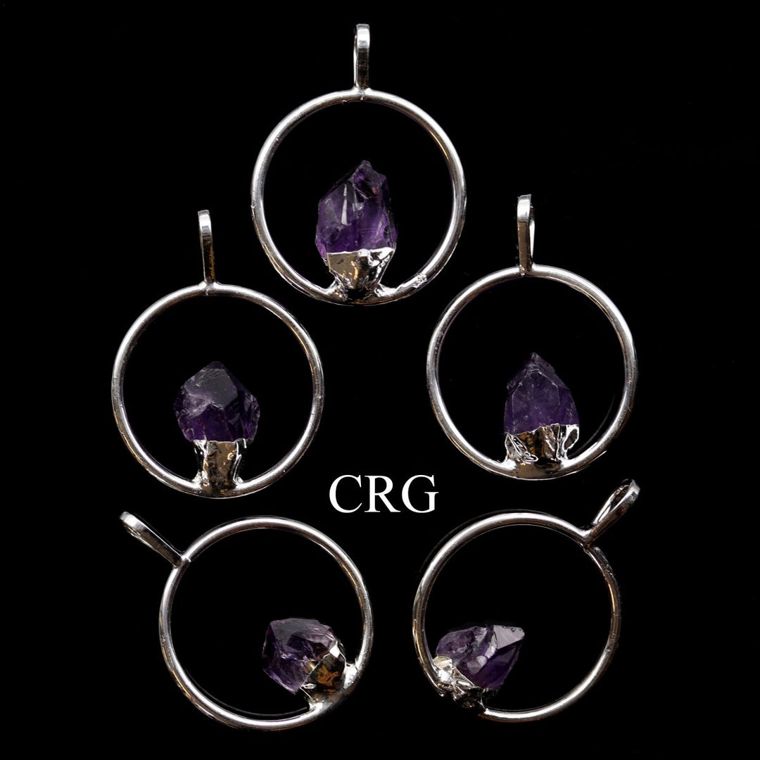 SET OF 4 - Silver Plated Ring Pendant with Amethyst Point / 1-2" AVG