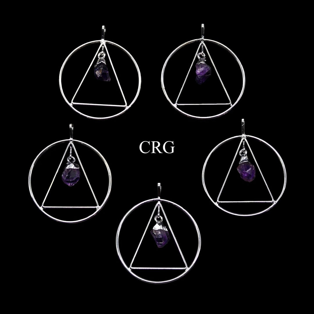 SET OF 4 - Silver Plated Triangle In Ring Pendant with Amethyst Point / 1-2" AVG