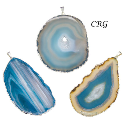 SET OF 4 - Teal Agate Slice Pendant with Silver Plating / Size #2