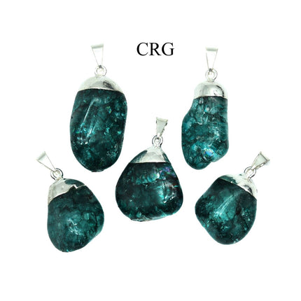 SET OF 4 - Teal Crackle Quartz Pendant with Silver Plating / 1-2" AVG