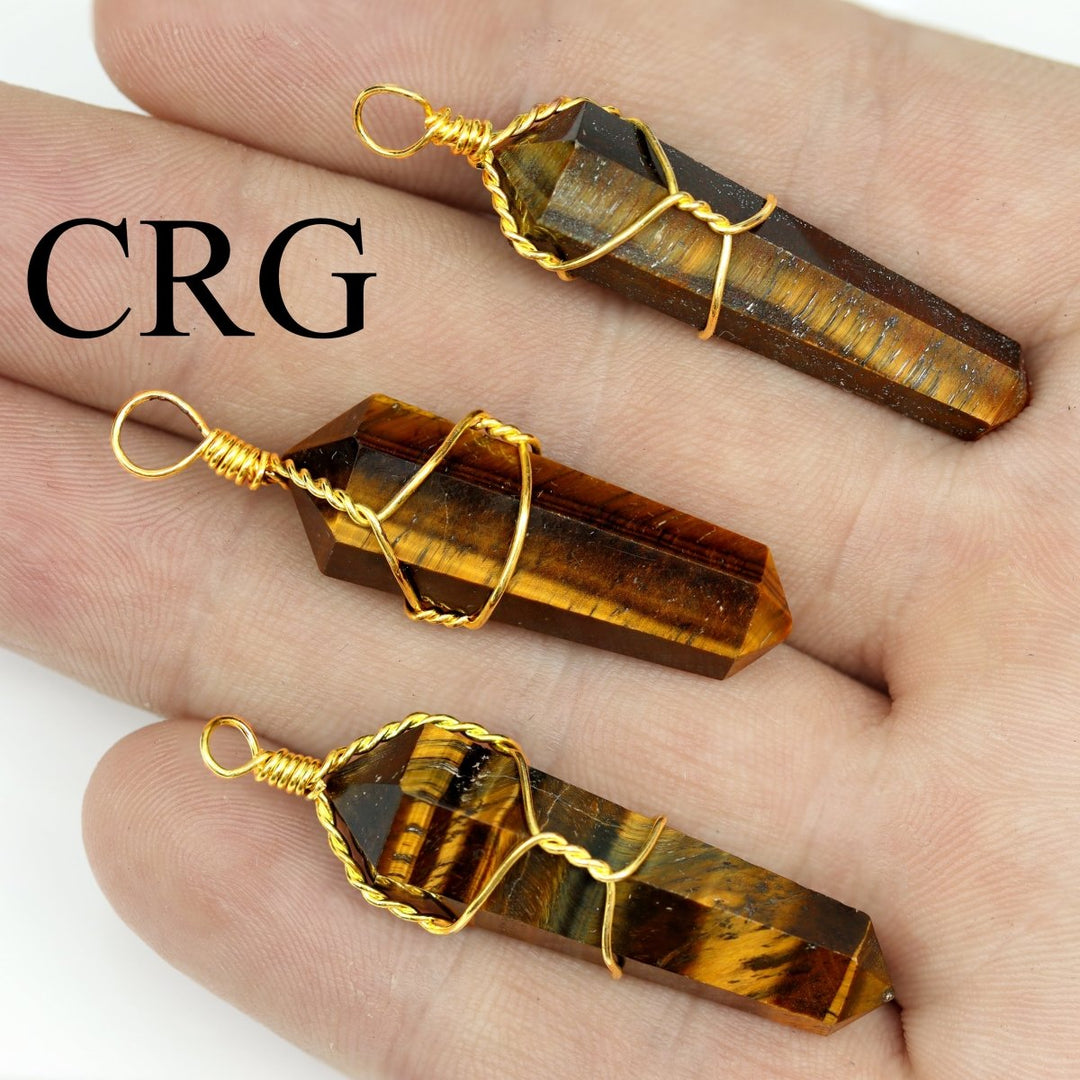SET OF 4 - Tiger's Eye Double Terminated Point Pendant with Gold Wire / 1" AVG