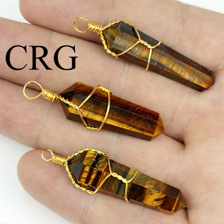 SET OF 4 - Tiger's Eye Double Terminated Point Pendant with Gold Wire / 1" AVGCrystal River Gems