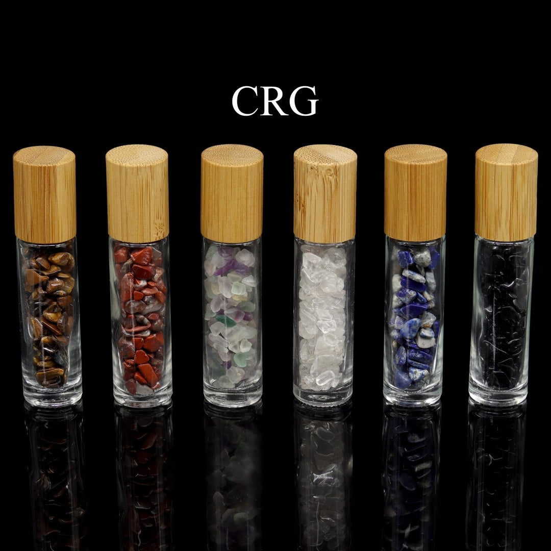 SET OF 5 - Crystal Infused Essential Oil Rollers with Wood Lids / 3.5"
