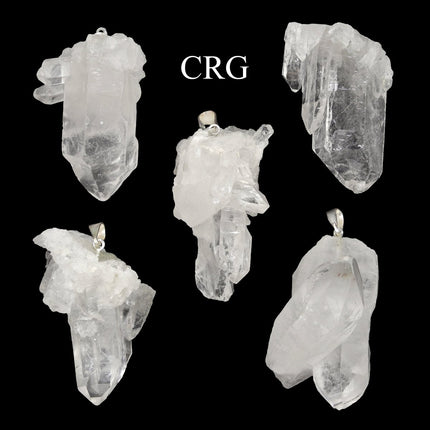 SET OF 5 - Crystal Quartz Cluster Pendants with Silver Plated Bail / 25-35mm AVG