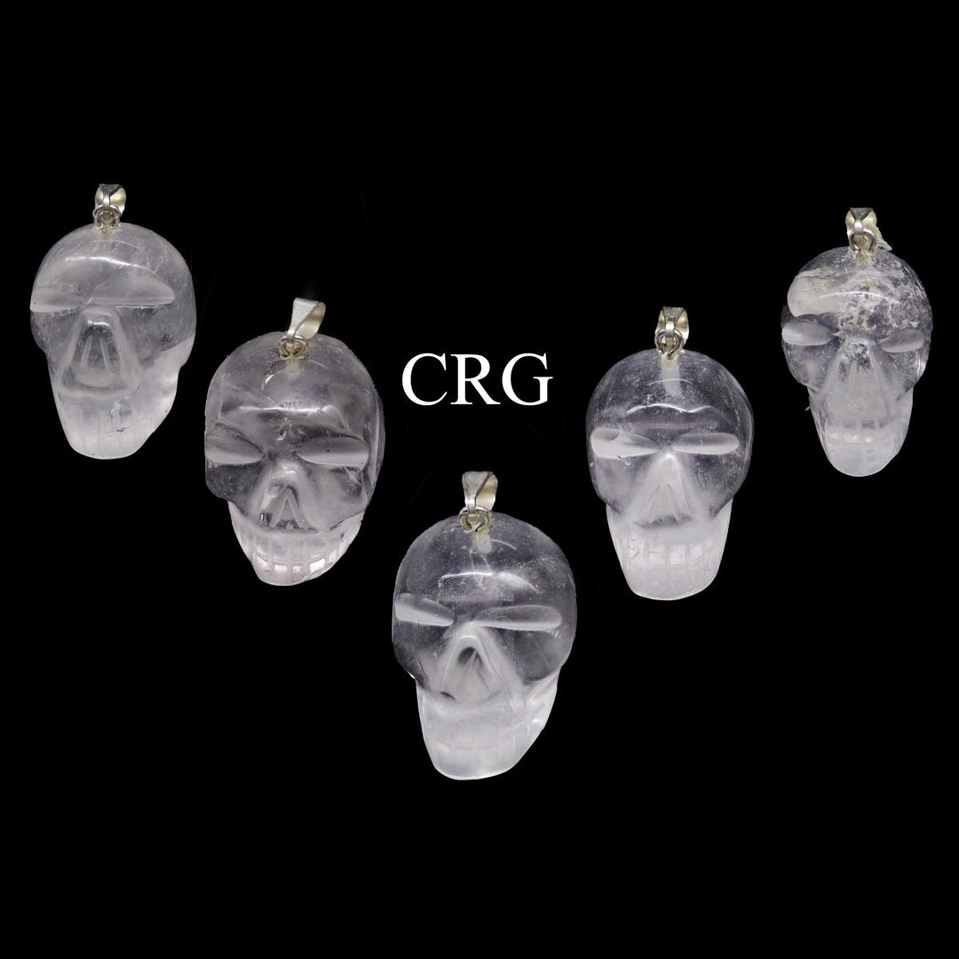 SET OF 5 - Crystal Quartz Gemstone Skull Pendants with Silver Plated Bail / 30mm AVG