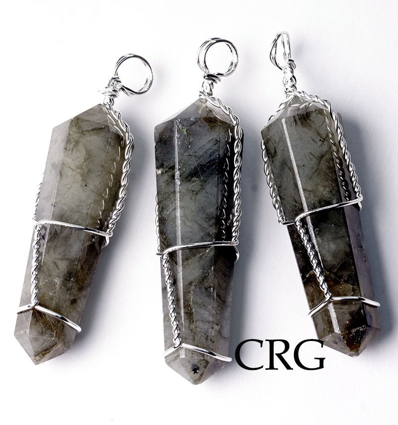 SET OF 5 - Labradorite Double Terminated Point Pendant w/ Silver Wire Wrapping