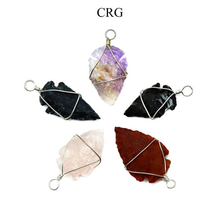 SET OF 5 - Mixed Gemstone Arrowhead Pendants w/ Silver Wire / 1" Avg - Crystal River Gems