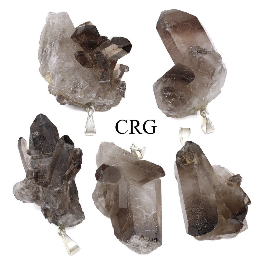 SET OF 5 - Smoky Quartz Cluster Pendants with Silver Plated Bail / 25-35mm AVG