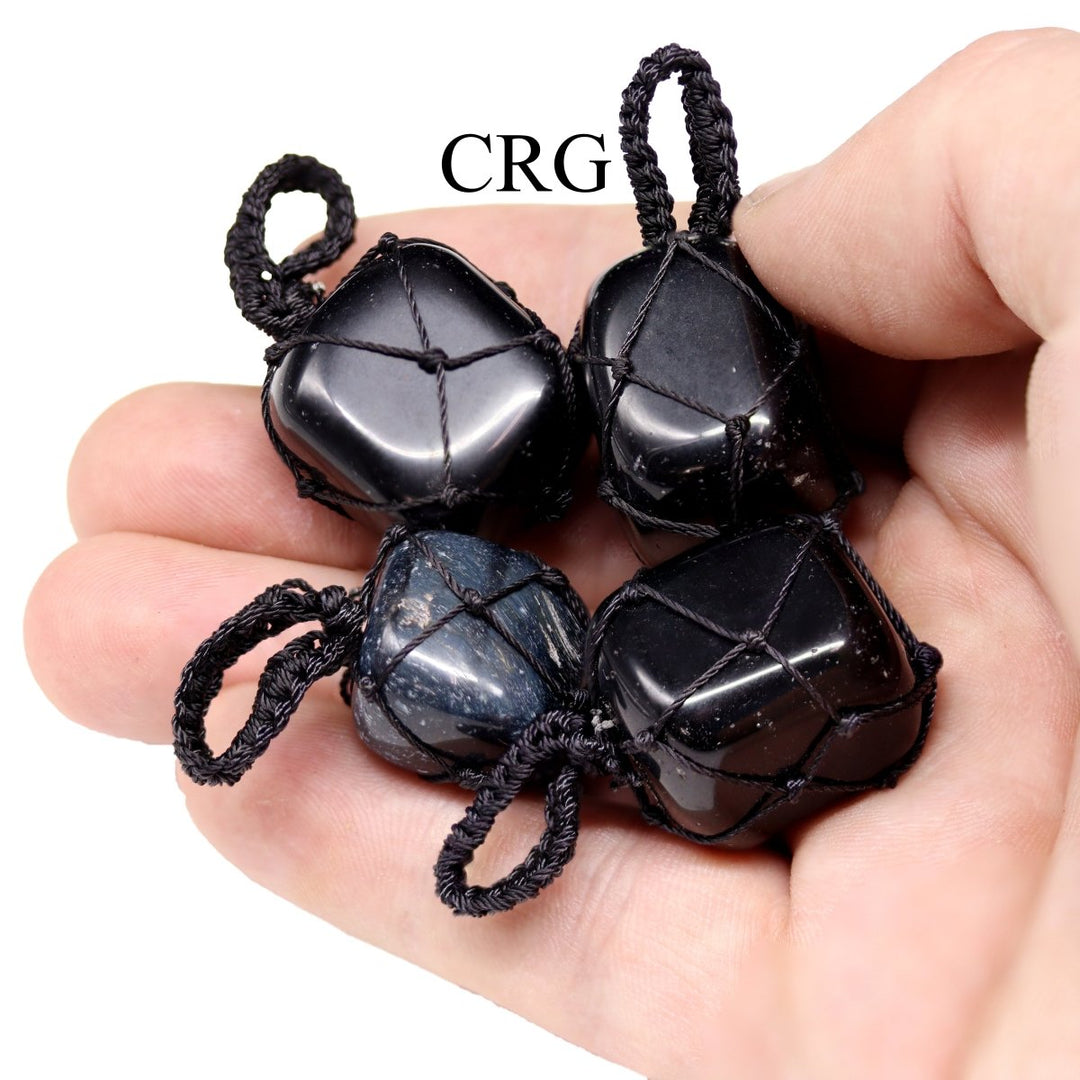 SET OF 5 - Tumbled Black Tourmaline Pendant with Macramé / 1" AVG