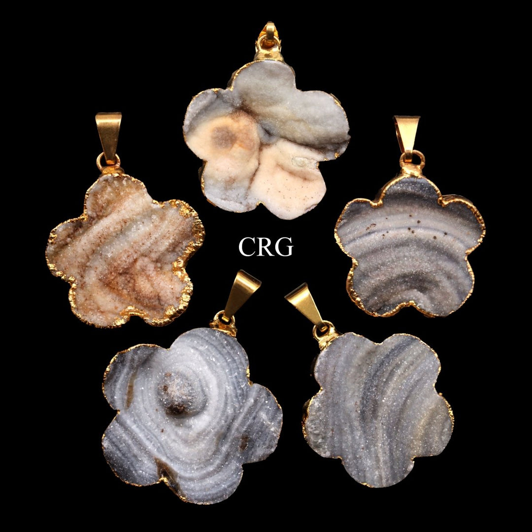 SET OF 6 - Chalcedony Agate Druzy Flower Pendant w/ Gold Plating