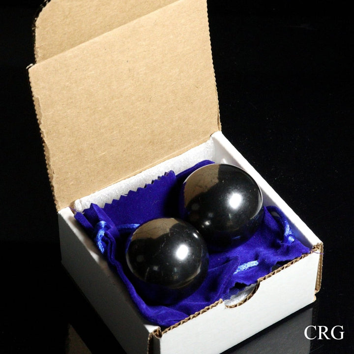 Shungite Hand Massage Balls with Velvet Pouch (3 Pieces) Size 50 mm Crystal Spheres