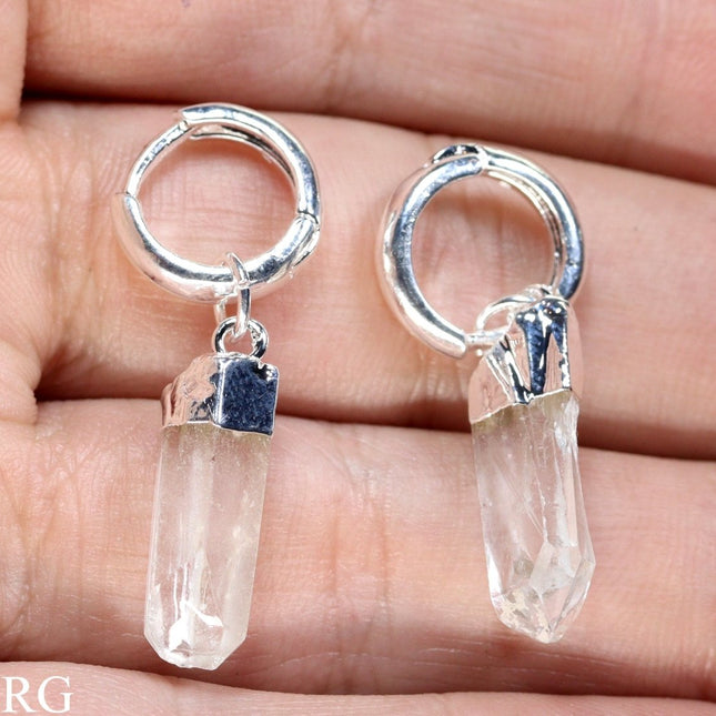 Silver Hoop Earrings with Natural Quartz Point - 1 PAIR - Crystal River Gems
