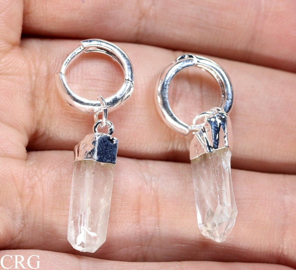 Silver Hoop Earrings with Natural Quartz Point - 1 PAIR