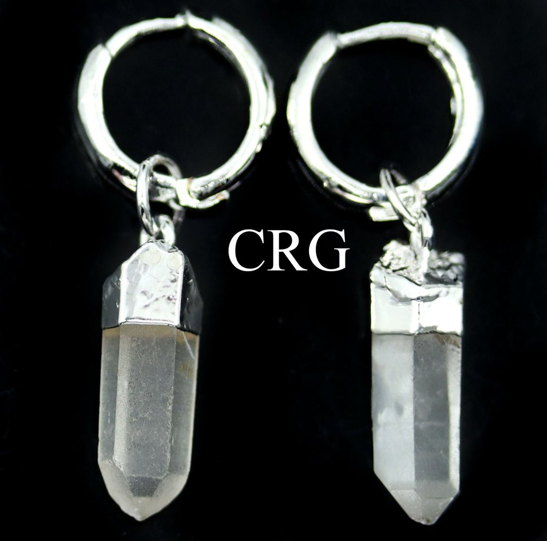 Silver Hoop Earrings with Natural Quartz Point - 1 PAIR