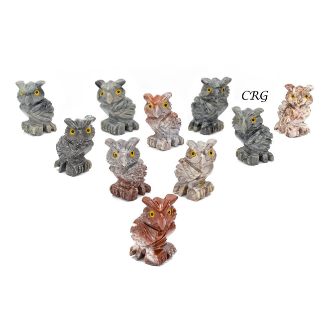 Soapstone Owls on Tree Trunks (10 Pieces) Size 1.5 Inches Crystal Gemstone Animal Carvings - Crystal River Gems
