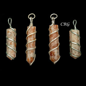 Sunstone Pencil Point Pendant with Silver Wire Wrapping  (1 inch) (4 Pcs)