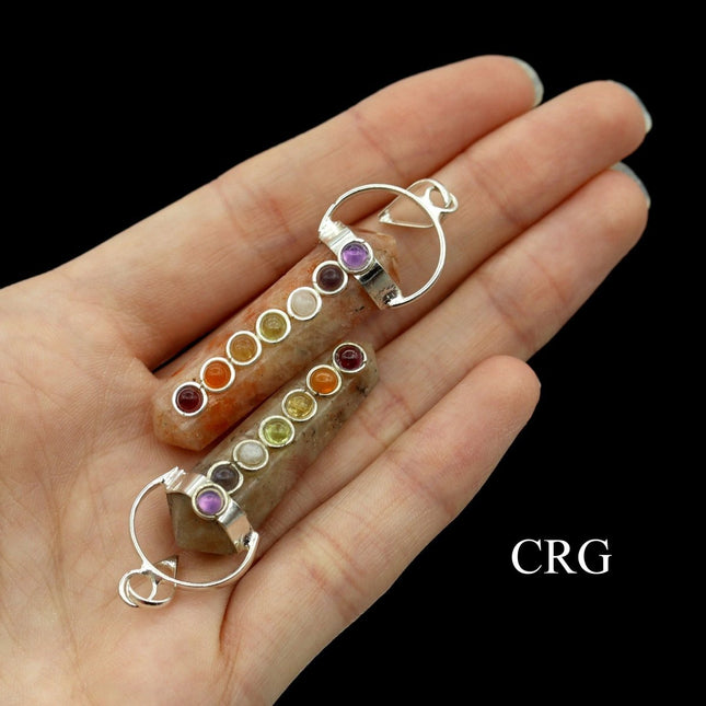 Sunstone Point Pendant (1.5 Inches) (4 Pcs) Small 6-Sided Pencil Point Pendant with 7 Stone Detail - Crystal River Gems