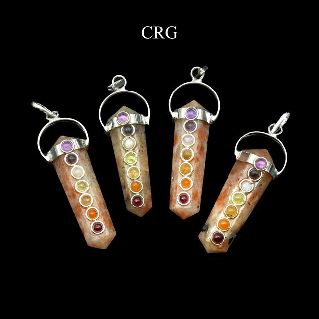 Sunstone Point Pendant (1.5 Inches) (4 Pcs) Small 6-Sided Pencil Point Pendant with 7 Stone Detail - Crystal River Gems