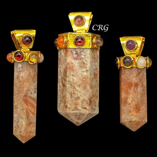 Sunstone Think Pencil Point Pendant with 7 Stone Detail (Gold Plating) (1 in) - Crystal River Gems