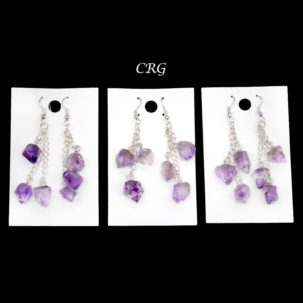 Three Amethyst Point Dangle Earrings with Silver-Plated Ear Wire (2 Pieces) Size 2 Inches Crystal Jewelry