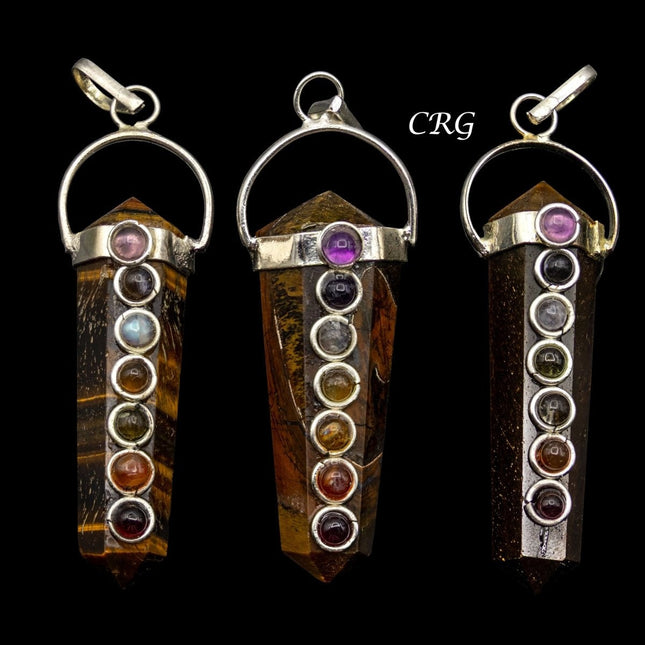 Tiger's Eye Double Terminated Point Pendant with 7 Stone Detail Size 1.5 Inches Crystal Point Charm with Overlay - Crystal River Gems
