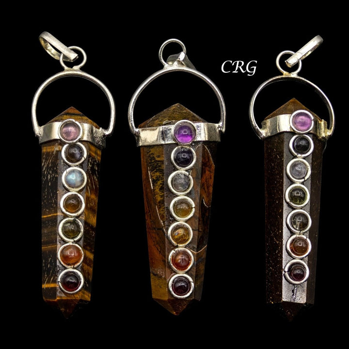 Tiger's Eye Double Terminated Point Pendant with 7 Stone Detail Size 1.5 Inches Crystal Point Charm with Overlay