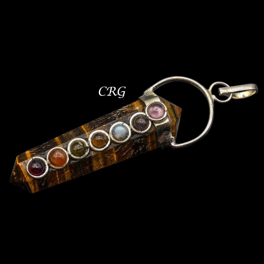 Tiger's Eye Double Terminated Point Pendant with 7 Stone Detail Size 1.5 Inches Crystal Point Charm with OverlayCrystal River Gems