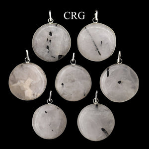 Tourmalated Quartz Round Cabochon Pendant with Silver Plating (4 Pieces) Size 1 Inch (INJD)