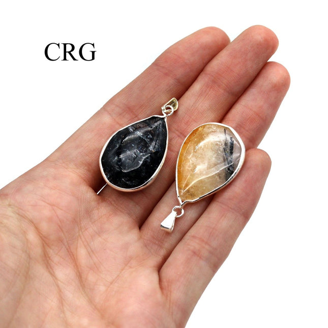 Tourmalated Quartz Teardrop Pendant with Silver Bail (1 Piece) Size 1 to 2 Inches Crystal Jewelry Charm - Crystal River Gems