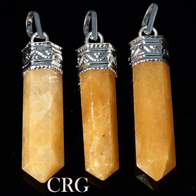 Yellow Aventurine Point Pendant (1 Inch) (2 Pcs) Silver-Plated Small 6-Sided Crystal Pencil Point Pendant - Crystal River Gems